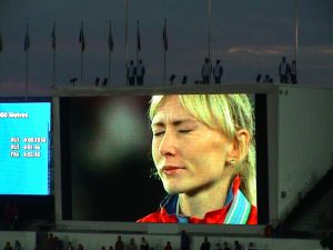 A teary eyed winner of the women's final racing event